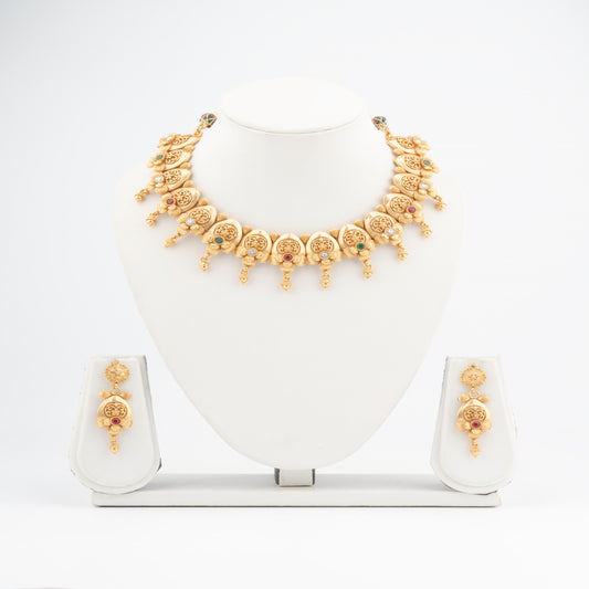 Embrace Heritage: Brass Temple Necklace with Leaf Detailing & Gem Accents