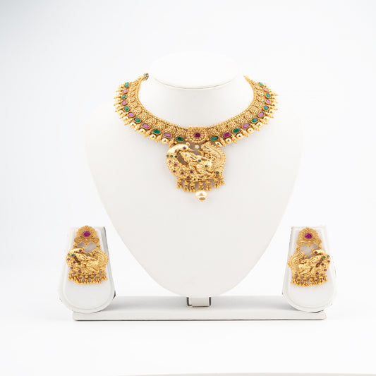 Antique Gold-Plated Brass Temple Jewelry Set Featuring Sitting Ganesha on Peacock