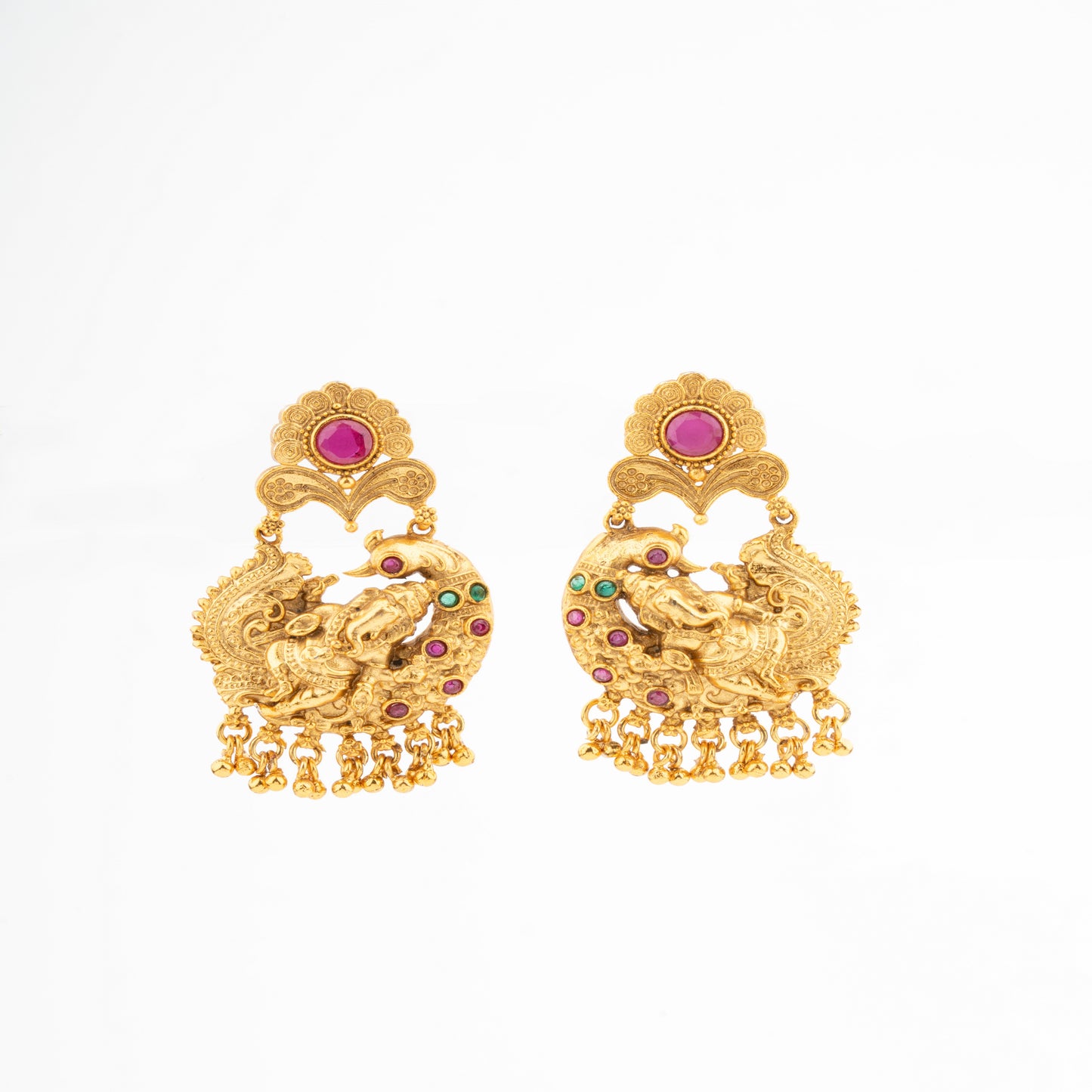 Antique Gold-Plated Brass Temple Jewelry Set Featuring Sitting Ganesha on Peacock