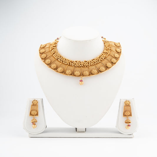 Regal Heritage Temple Necklace Set in Antique Gold Finish