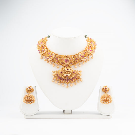 Regal Peacock Temple Necklace Set with Ruby Stones in Antique Gold Finish