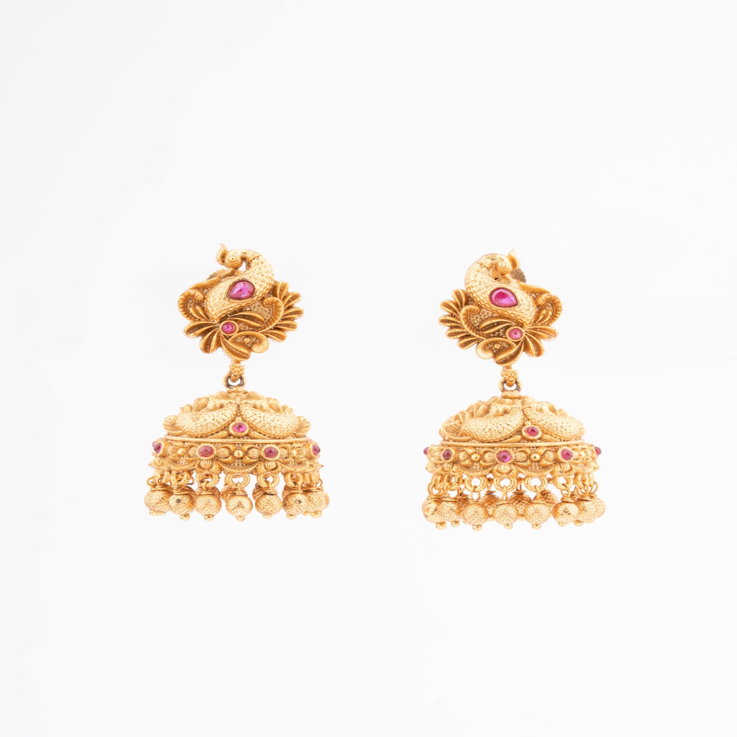 Regal Peacock Temple Necklace Set with Ruby Stones in Antique Gold Finish