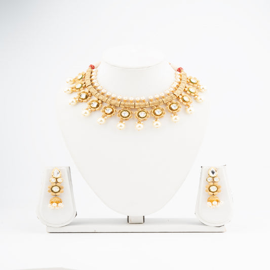 Elegant Vilandi Kundan Golden Necklace Set with Yellow and White Pearls