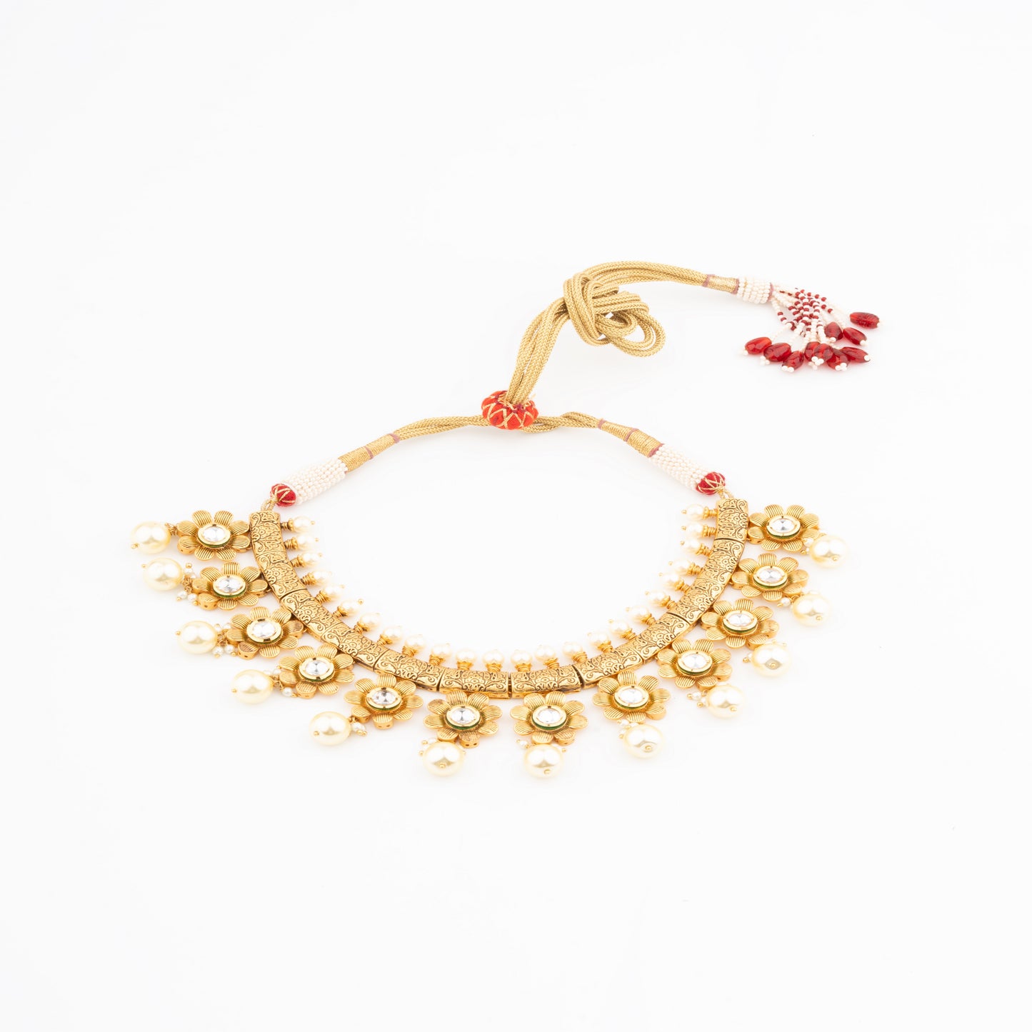 Elegant Vilandi Kundan Golden Necklace Set with Yellow and White Pearls