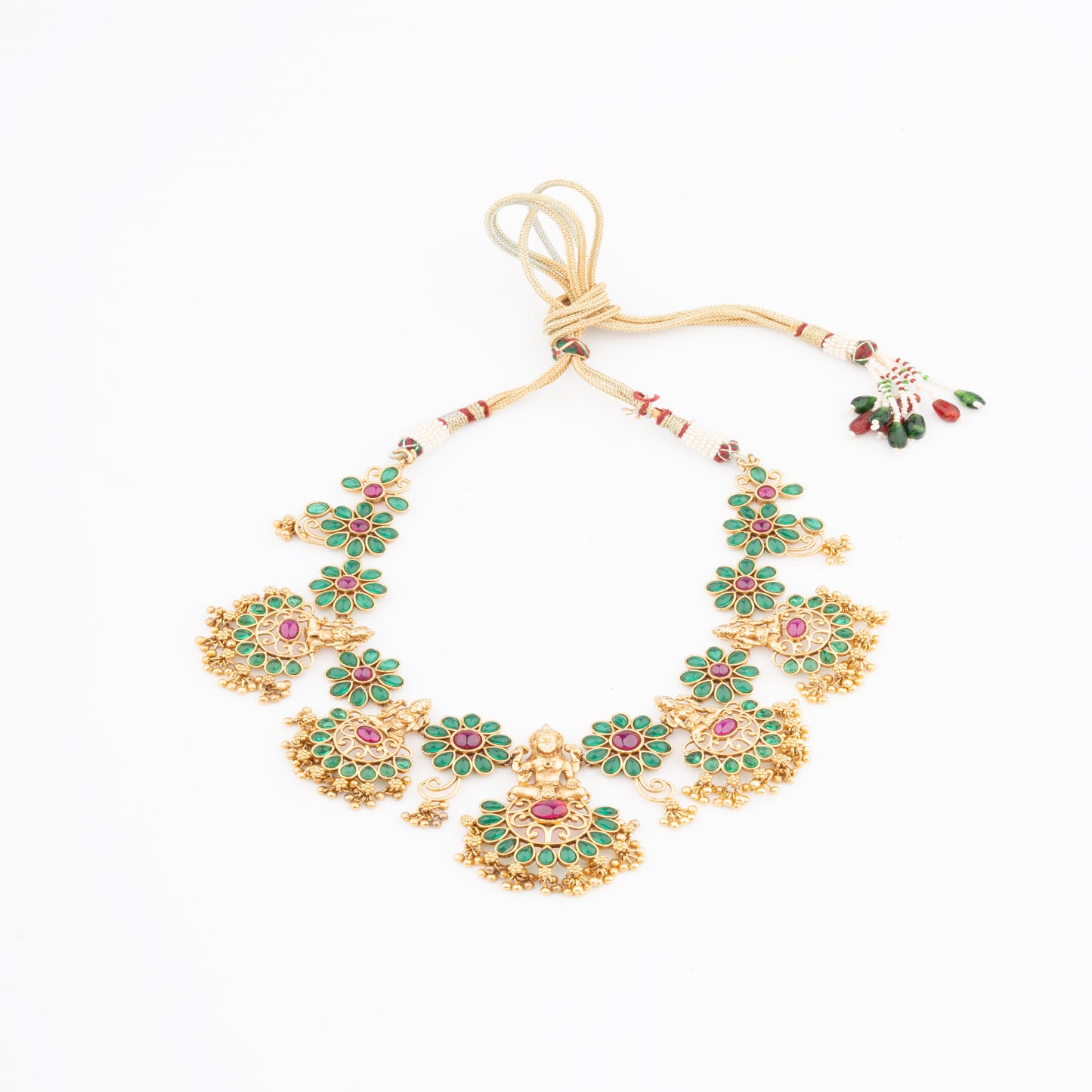 Regal Lakshmi Temple Jewelry Set in Antique Gold with Floral Kundan Detailing
