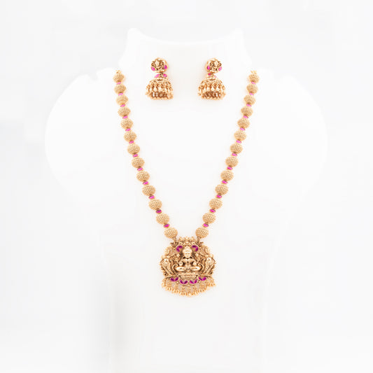 Ruby adorned Temple Lakshmi Antique Long Set in a half-ball pattern style – Traditional Elegance Redefined