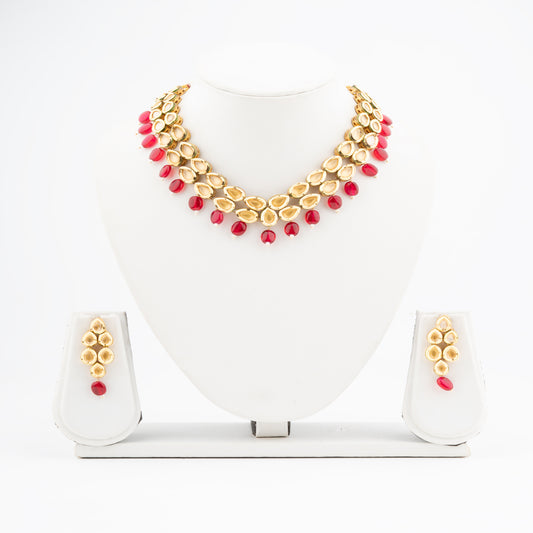 Regal Yellow Vilandi Kundan and Red Bead Necklace with Artistic Side Meena Detailing