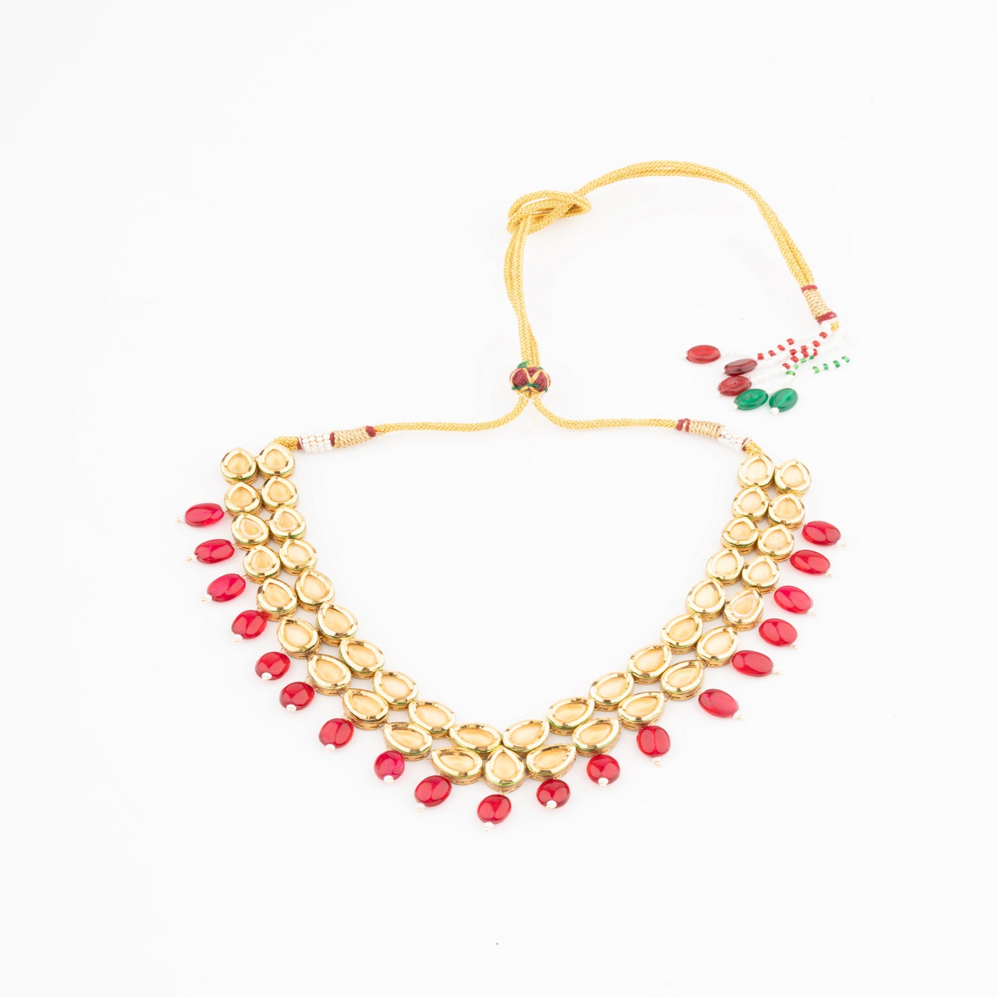 Regal Yellow Vilandi Kundan and Red Bead Necklace with Artistic Side Meena Detailing
