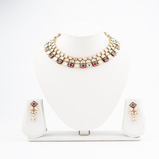 Majestic 3-Line Round Vilandi Kundan Necklace Set with Ruby Stone, Meena Work, and Gold Polish
