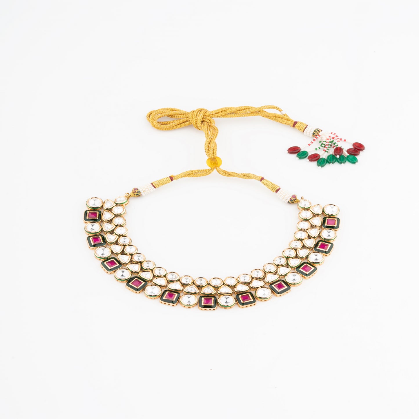 Majestic 3-Line Round Vilandi Kundan Necklace Set with Ruby Stone, Meena Work, and Gold Polish