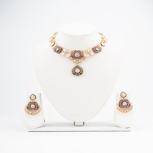 Exquisite Necklace with Front Green Meenakari design, Back Setting Kundan, AD & Ruby stones studded necklace.