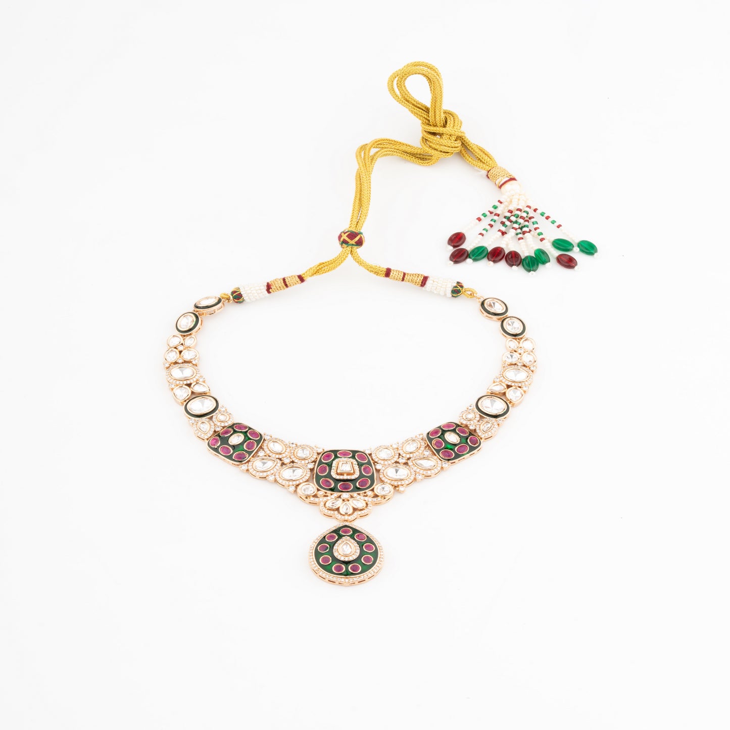 Exquisite Necklace with Front Green Meenakari design, Back Setting Kundan, AD & Ruby stones studded necklace.