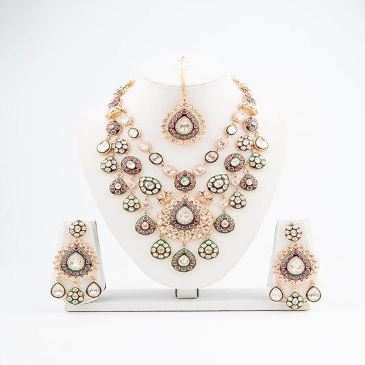 Rani Haar like Long layered Necklace Set with Ruby, Green Meenakari & Kundan Detailing