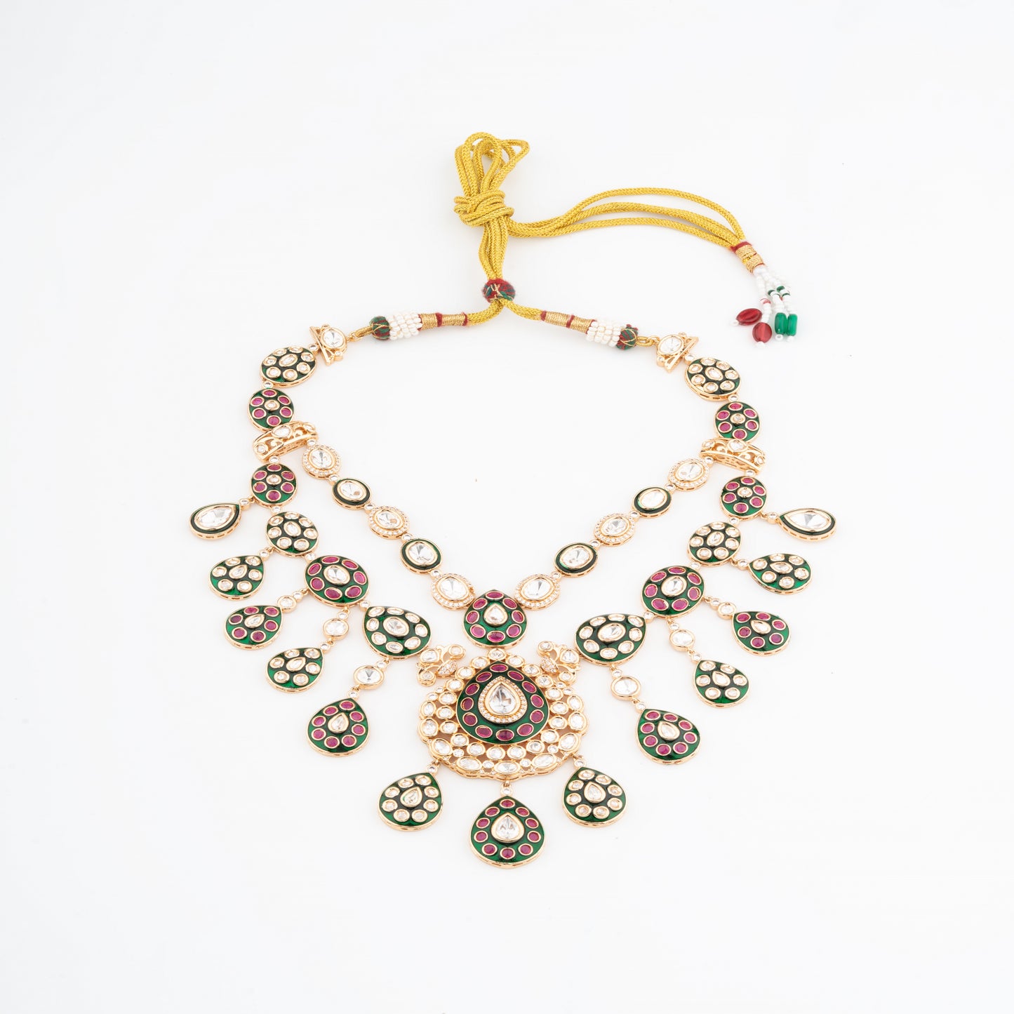 Rani Haar like Long layered Necklace Set with Ruby, Green Meenakari & Kundan Detailing