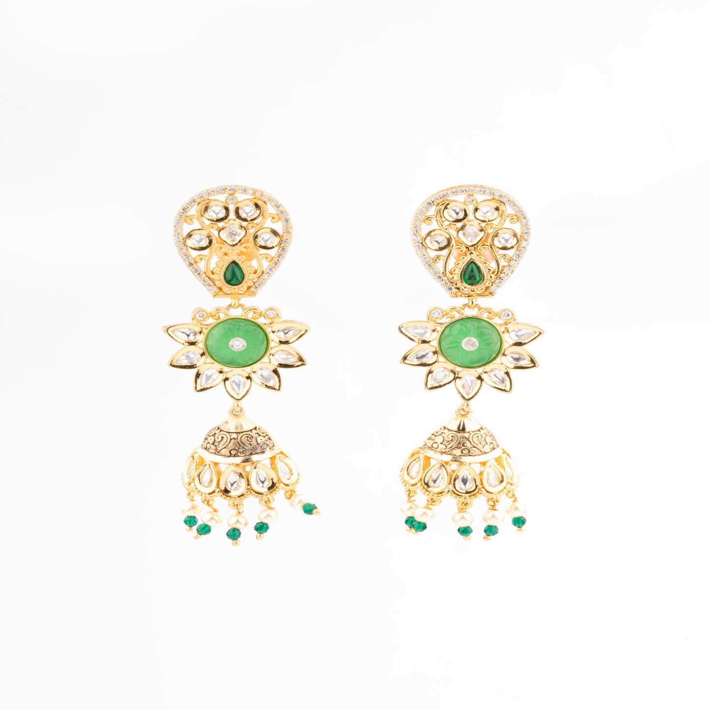 Brass Long Bandai-Style Kundan Necklace Set with American Diamonds and Sea Green Stone Detailing