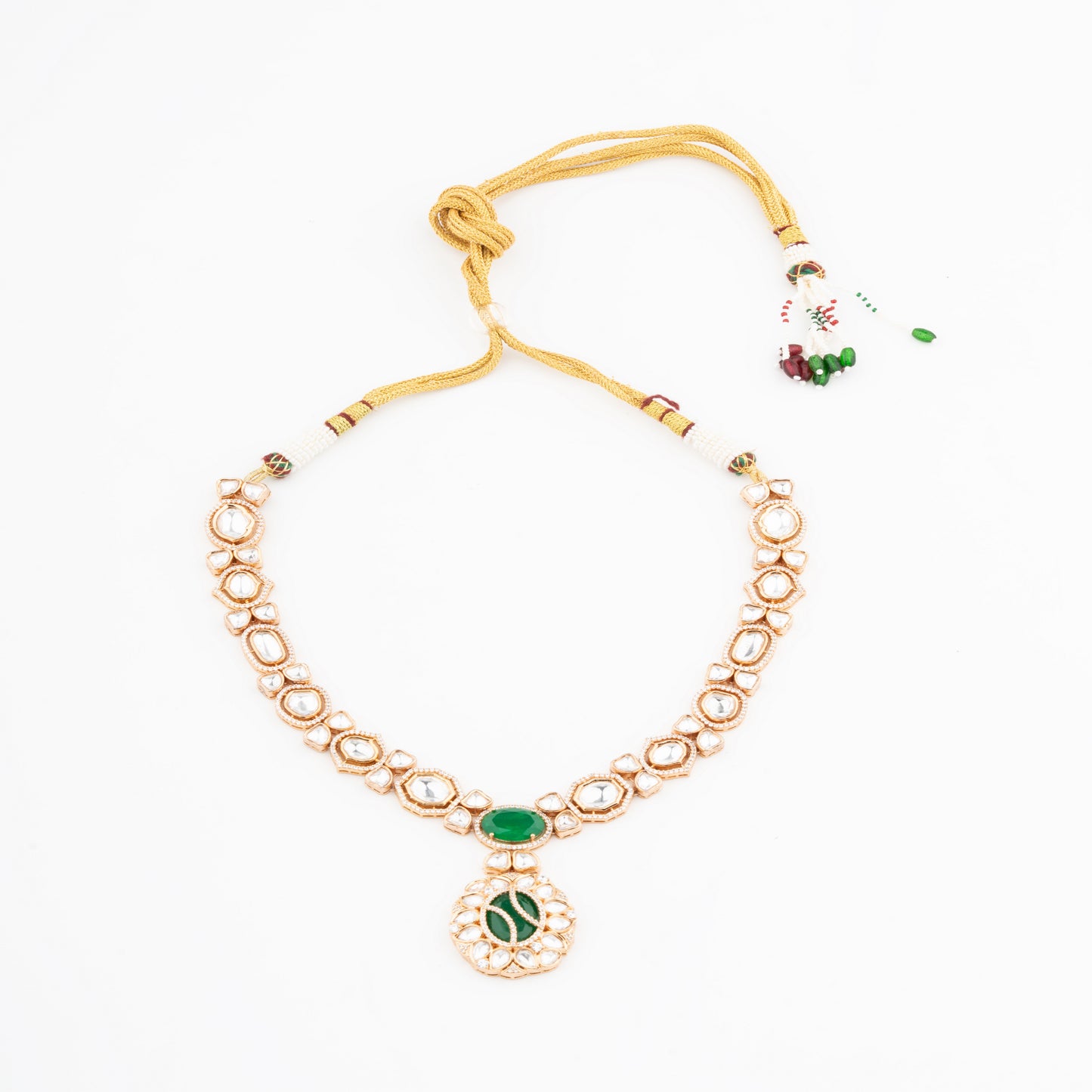 Exquisite Uncut Backsetting Kundan Necklace with Green Emerald Accents and AD Detailing