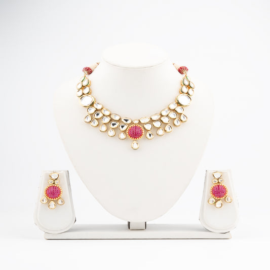 Brass Vilandi Kundan Necklace Set with Ruby-Colored Stone and Gold Polish