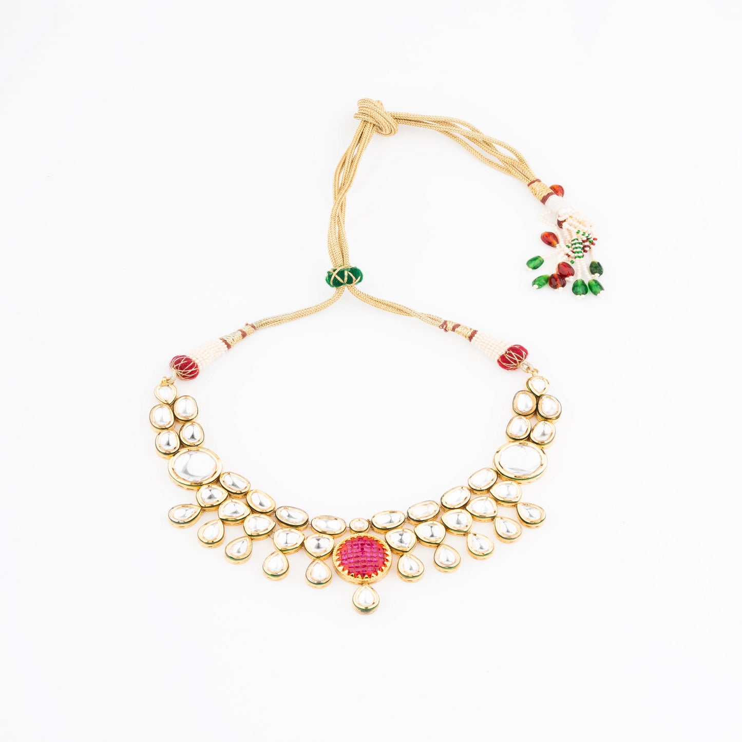 Brass Vilandi Kundan Necklace Set with Ruby-Colored Stone and Gold Polish