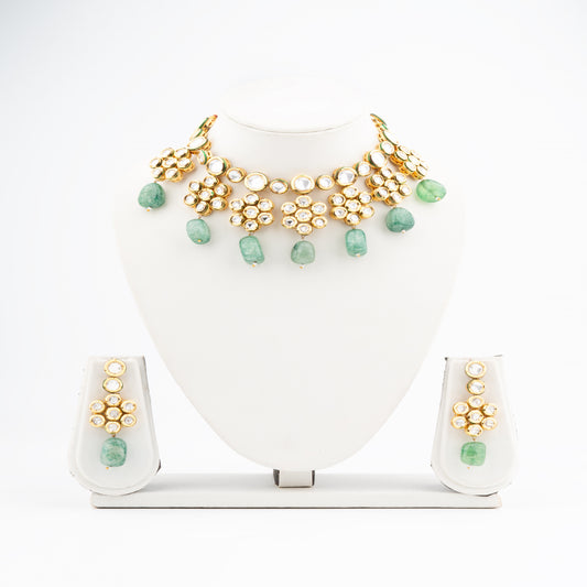 Exquisite Brass Vilandi Kundan Necklace Set with Green Onyx Beads and Meena Work