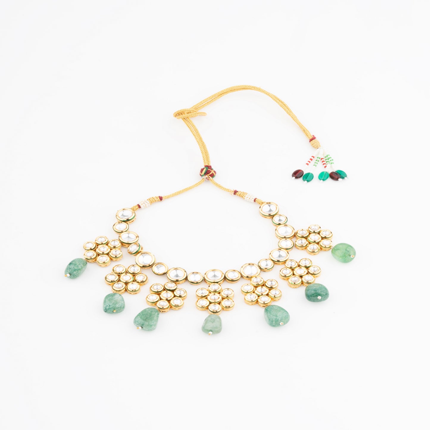 Exquisite Brass Vilandi Kundan Necklace Set with Green Onyx Beads and Meena Work