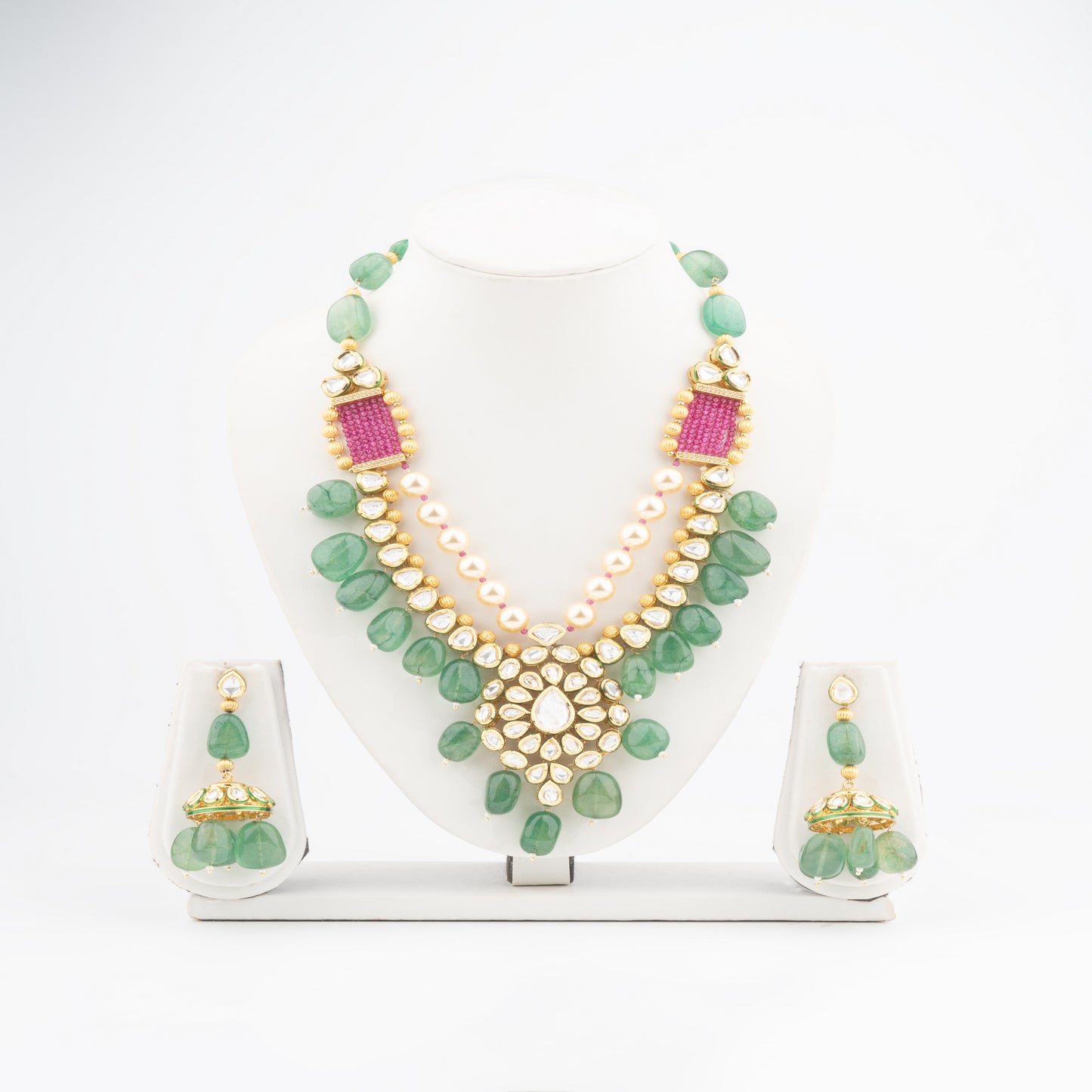 Royal Heritage Fusion: Multistrand Kundan Necklace with Ruby, Pearls & Meenakari Jhumkas