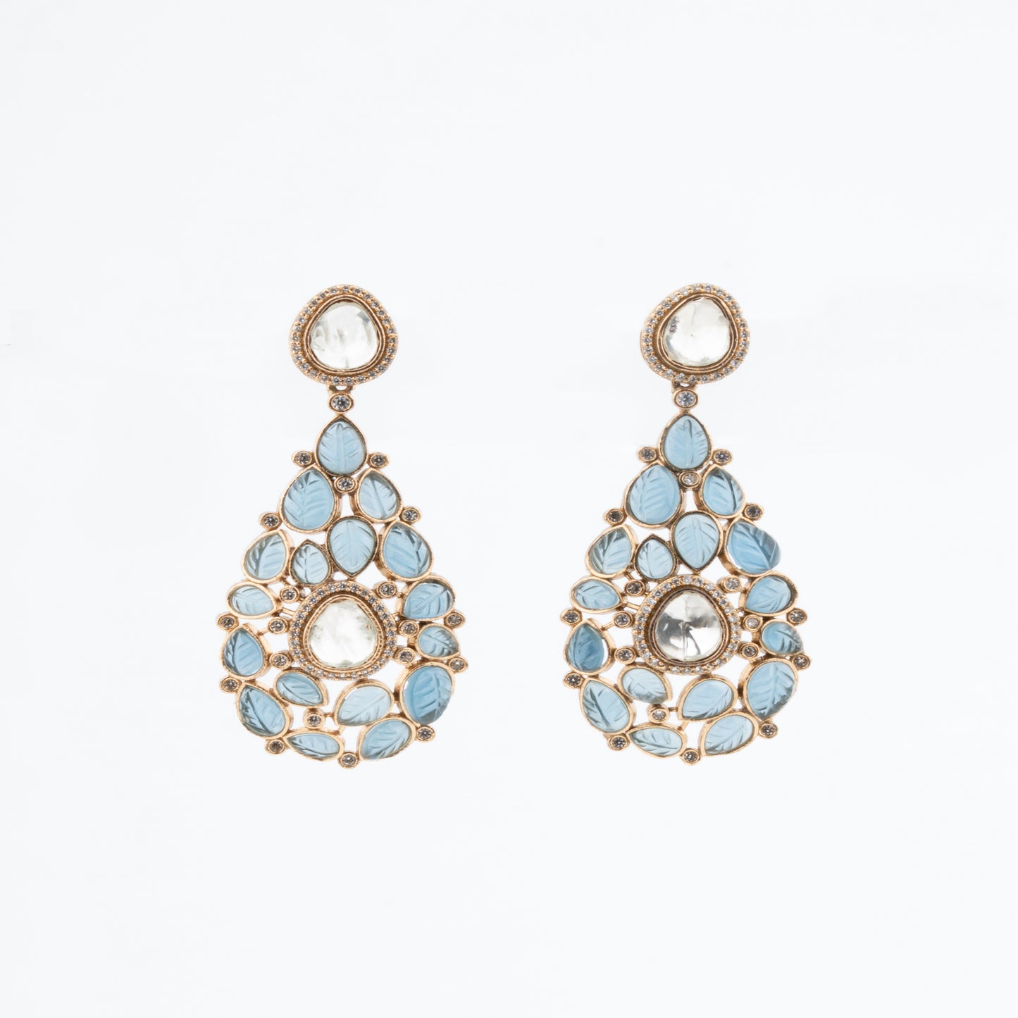 Victorian style Kundan Teardrop Statement Earrings with Blue Carved Stones, AD