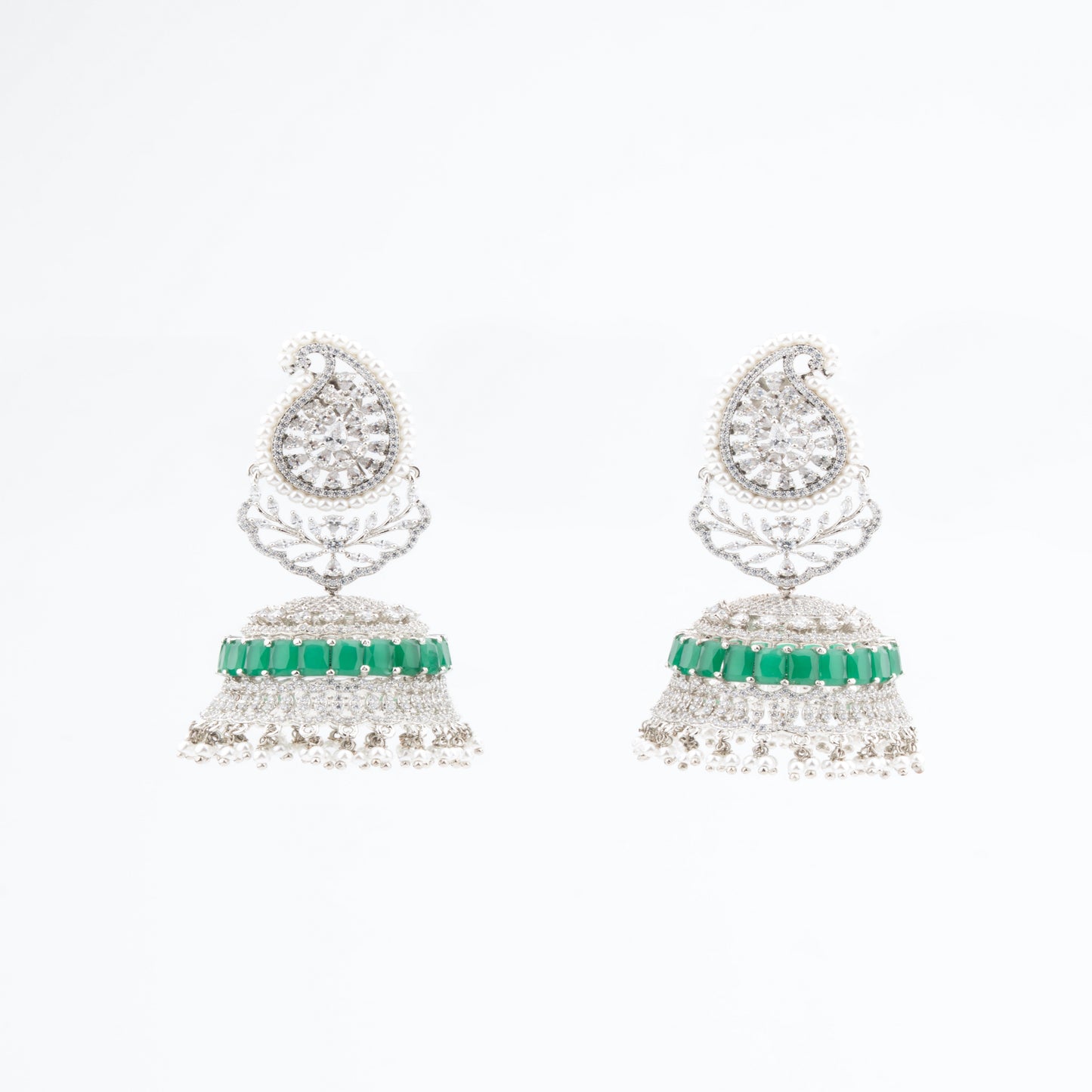 American Diamond dome-shaped Jhumka with green emerald