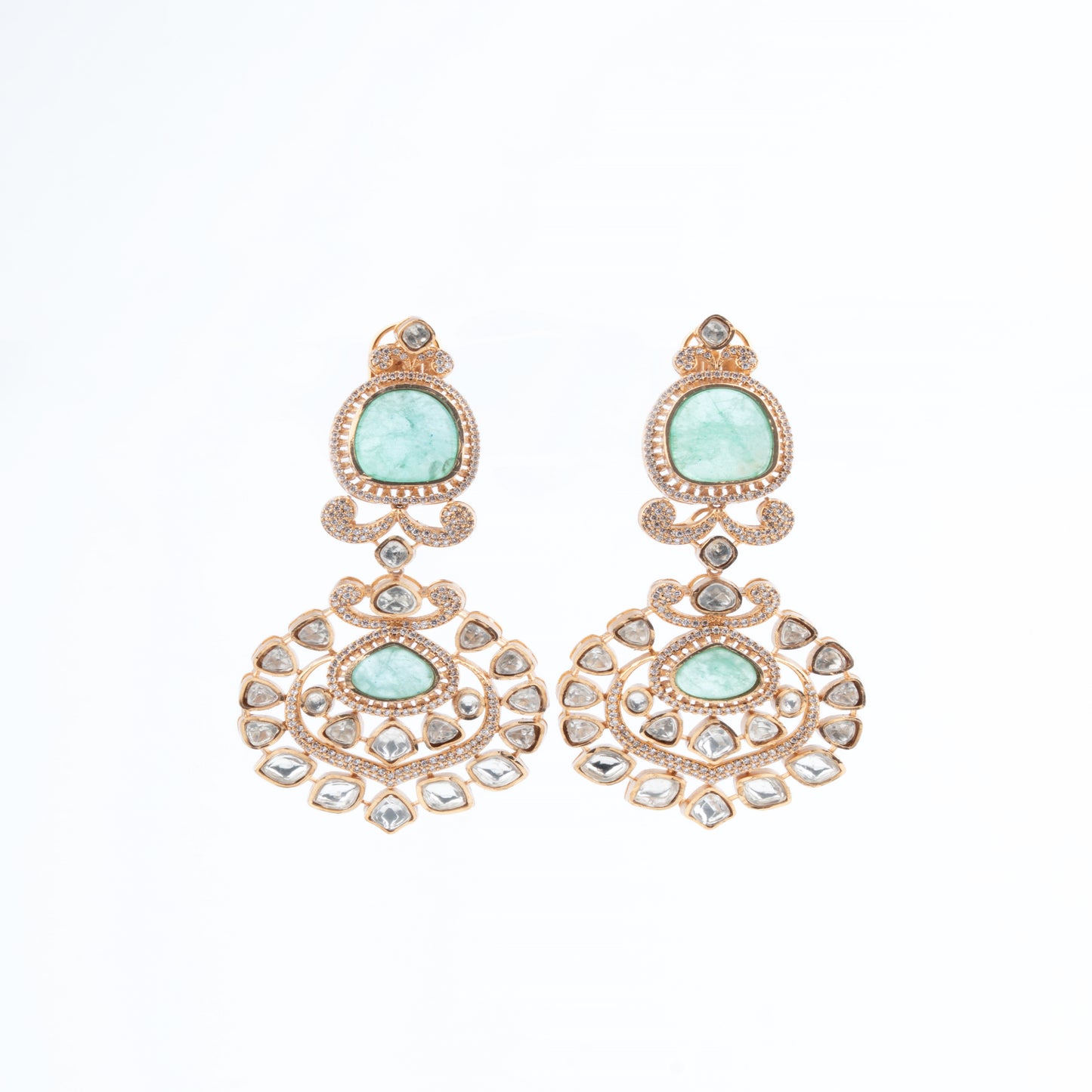 Elegant Traditional Kundan, AD Chandelier Earrings with Green Stone Centerpiece