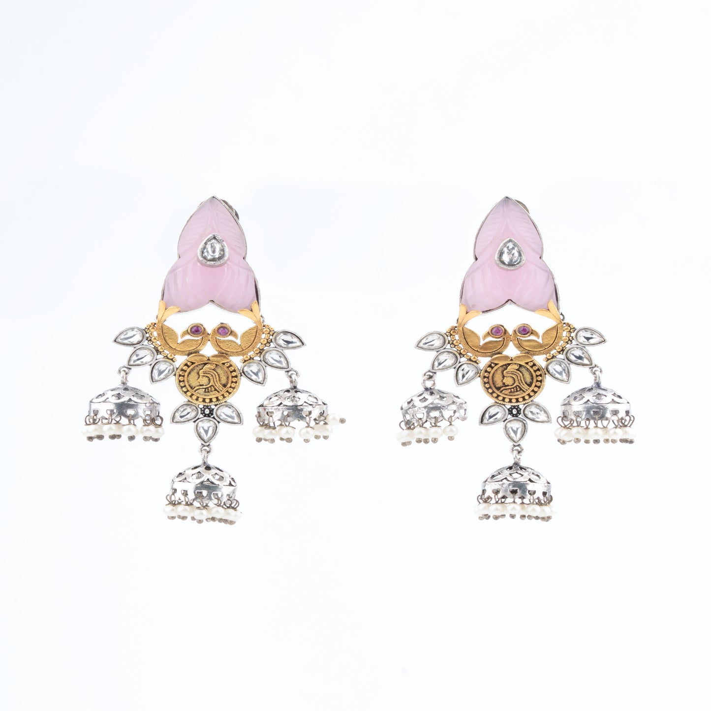 Oxidized Pink Enamel Kundan Earrings with Jhumke