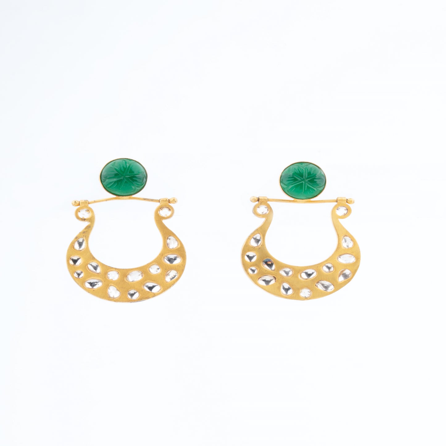 Traditional Gold-Toned Hoop Earrings with Green Carved Stone Studs
