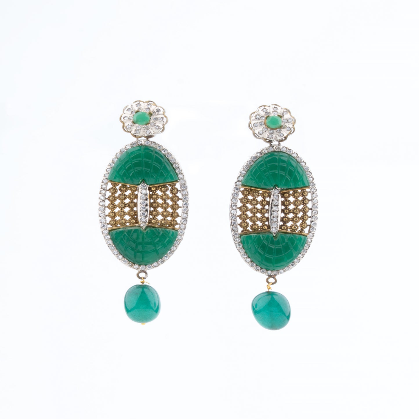 American Diamond studded Oval Green carved Stone Earrings with Antique Rhodium and Gold Polish
