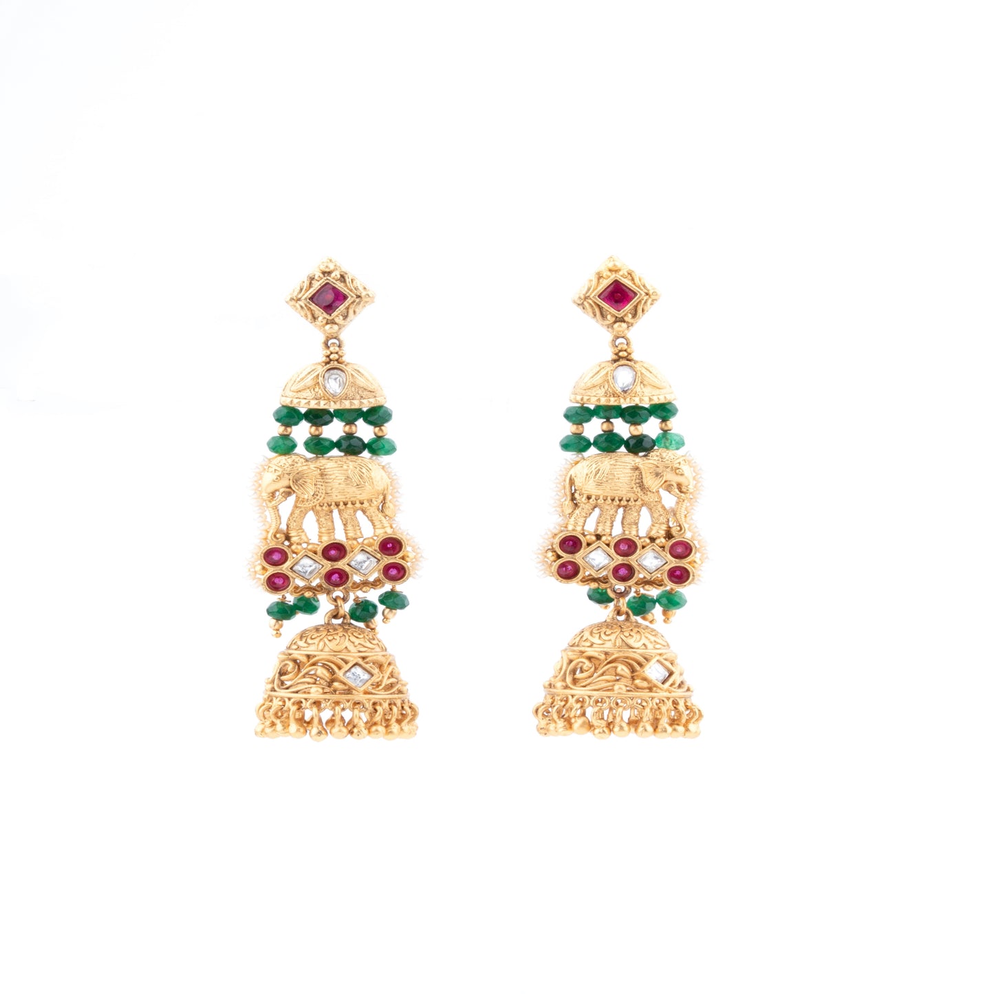 Regal Elephant Motif Temple Jhumka Earrings adorned with Kundan, Ruby stone