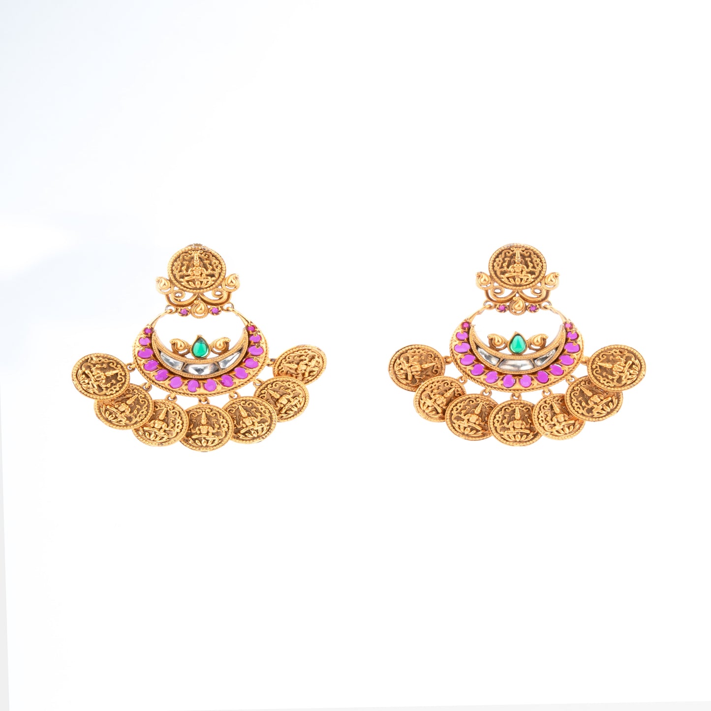 Pachi Kundan studded Royal Lakshmi Coin Temple Earrings