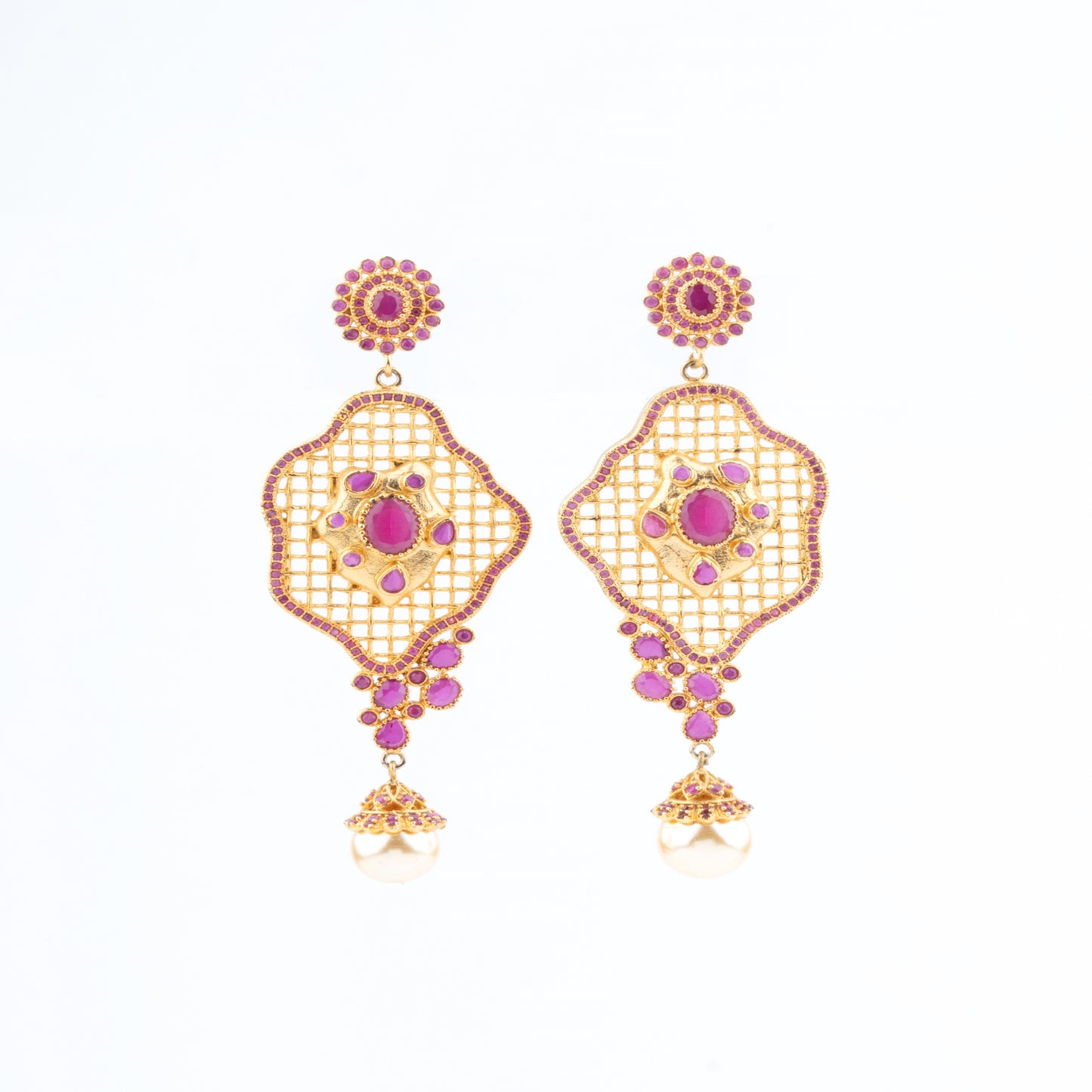 Royal Ruby Meshwork Earrings with Pearl Drop hues