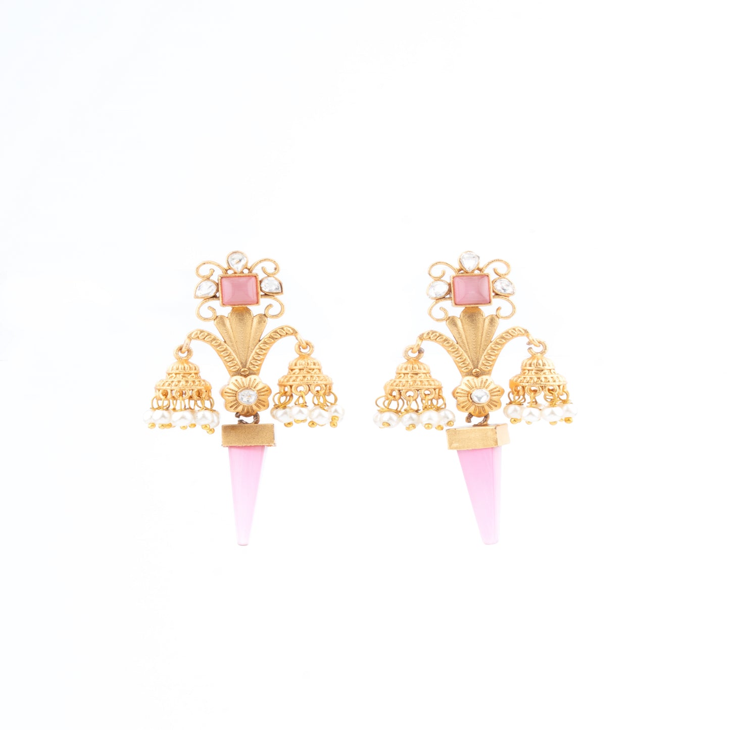 Cone-shaped Elegant Brass Earrings with Monalisa Baby Pink Stone, Kundan & Pearl Accents