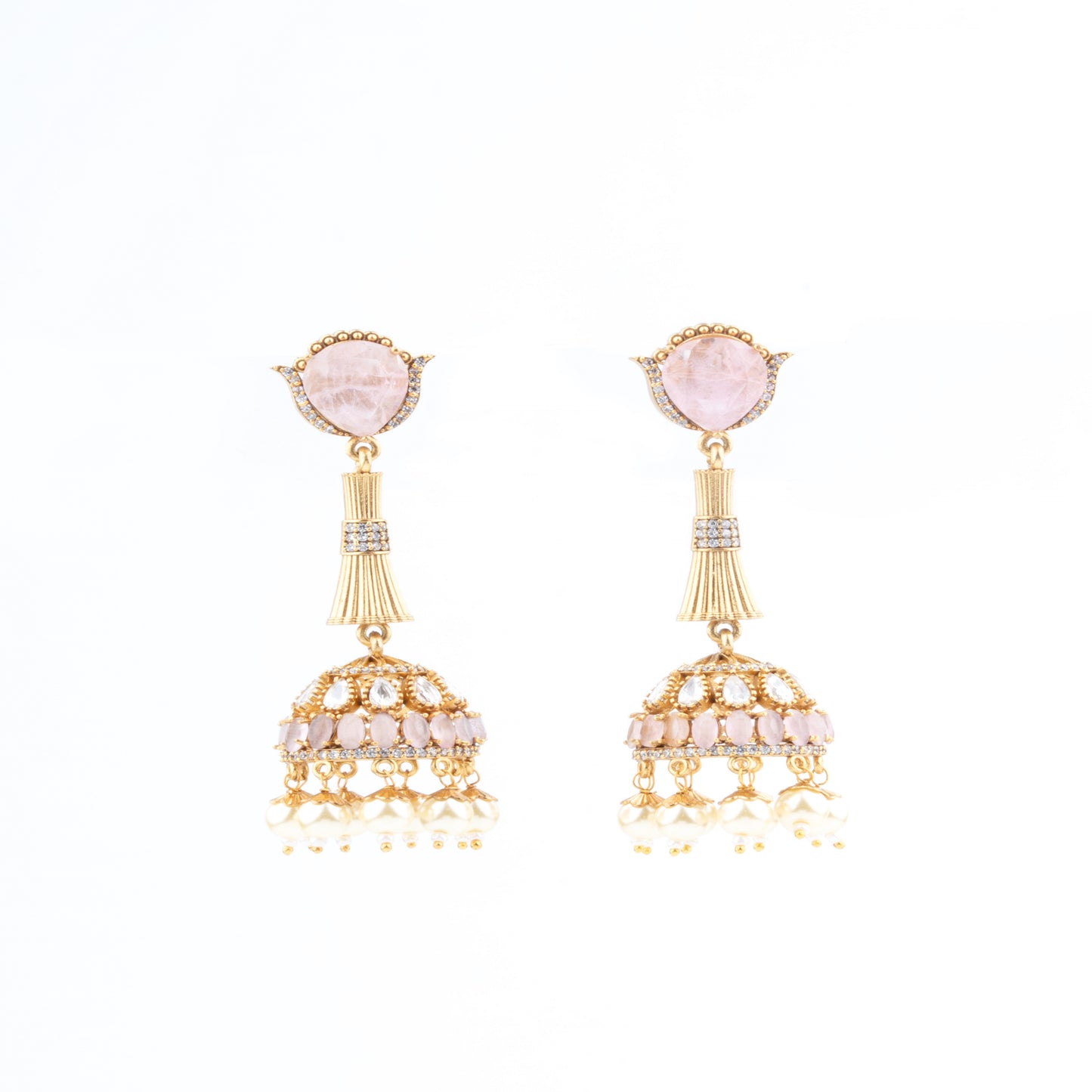 Indo western style Gold-Polished Jhumka Earrings with Kundan, Baby Pink Stones & Yellow Pearls