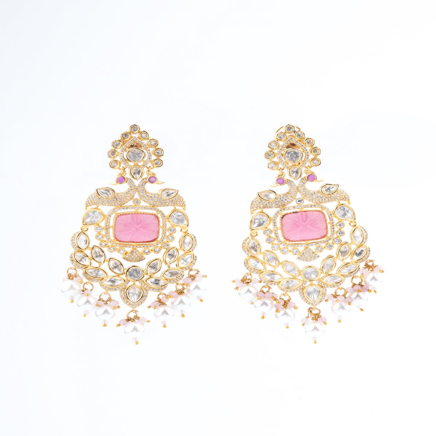 An Absolute Show stopper Brass Kundan, AD Earrings with Baby Pink Carved Stone & Peacock Motif