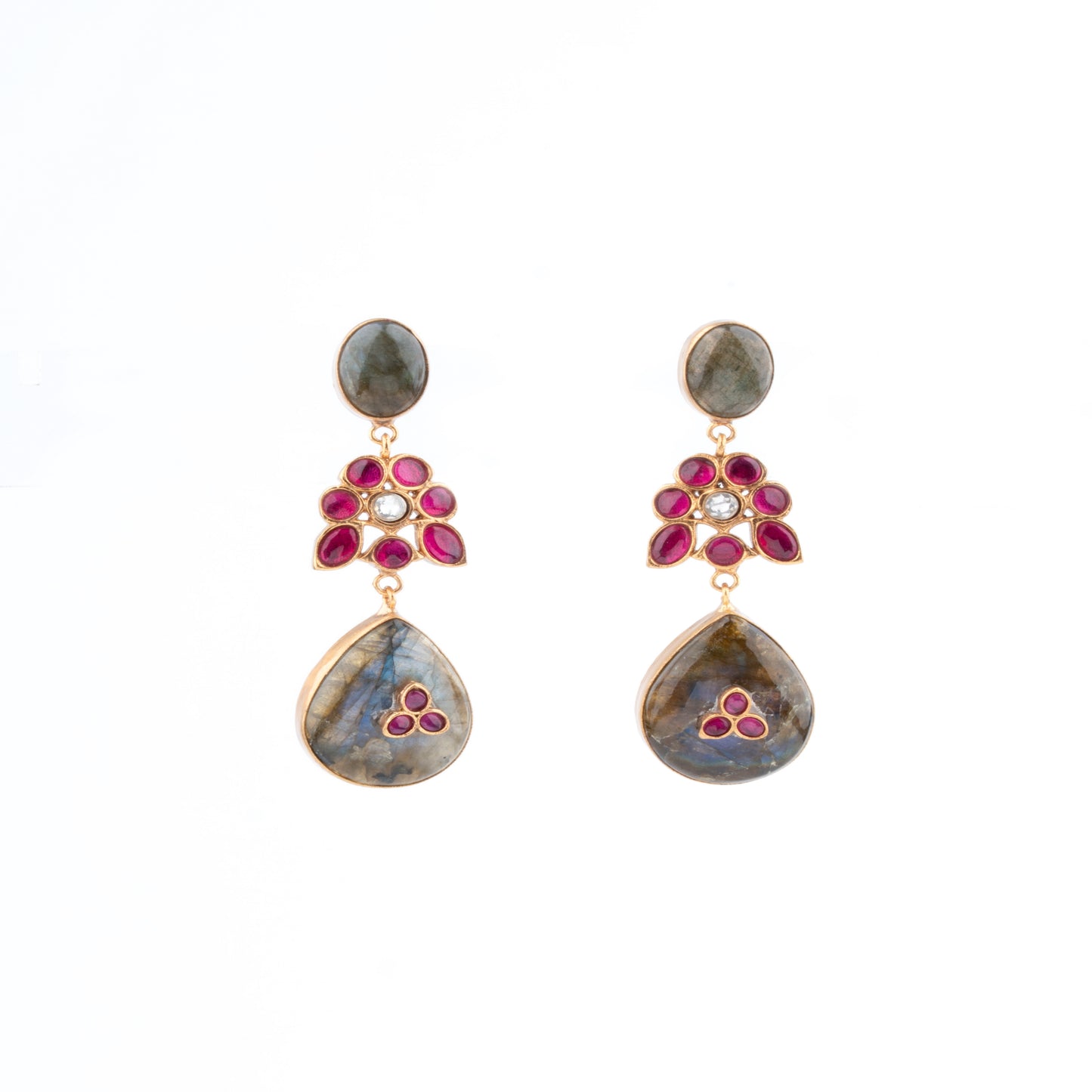 Elegant Labradorite, Kundan studded and Ruby Red Stone Drop Earrings
