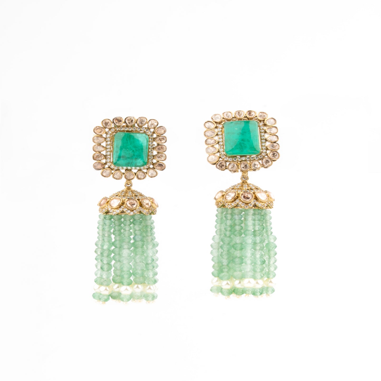 Kundan Cocktail Earrings with Emerald Centerpiece, AD and Sea Green Beaded Tassels