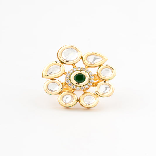 Vilandi Kundan Brass Ring with Green Stone & American Diamonds
