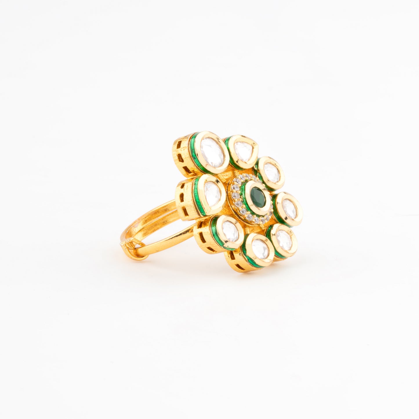 Vilandi Kundan Brass Ring with Green Stone & American Diamonds