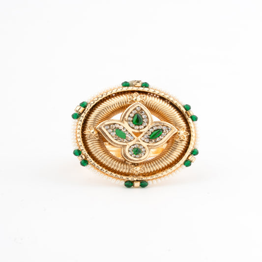 Regal Gold-Toned Ring with Green Gem Accents & Beaded Border