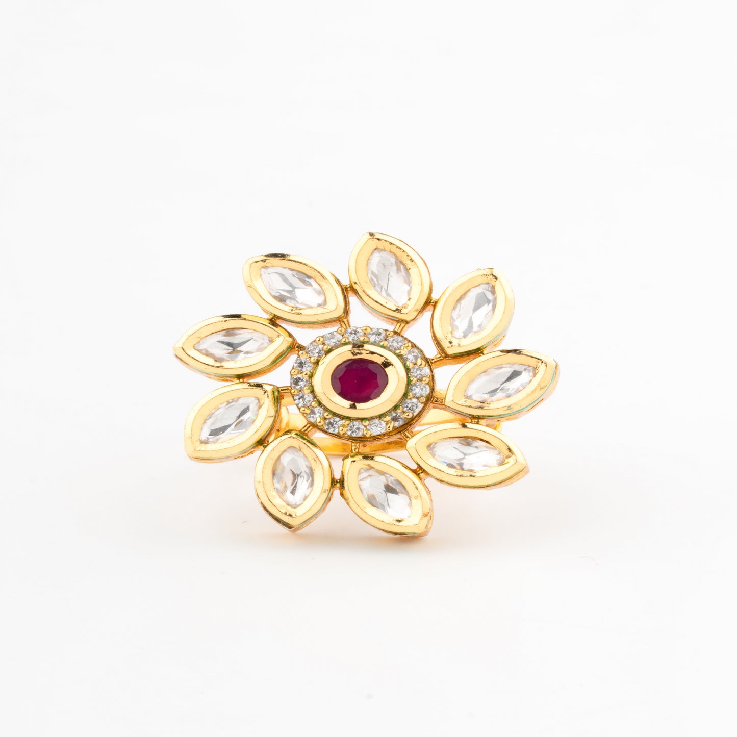 Ruby Centerpiece Kundan Floral Ring with Gold Finish
