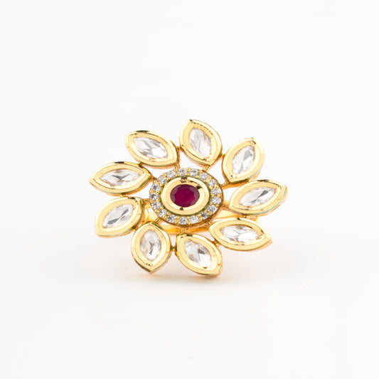 Ruby Centerpiece Kundan Floral Ring with Gold Finish