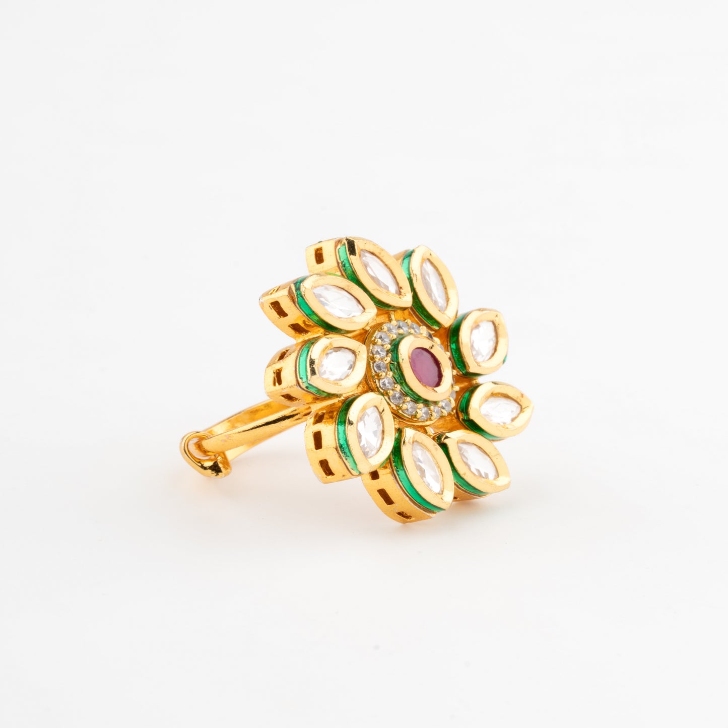 Ruby Centerpiece Kundan Floral Ring with Gold Finish