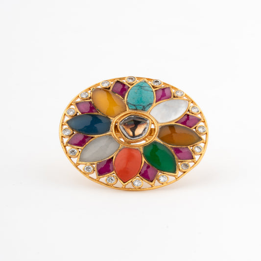 Vibrant Navratna-Inspired Ring in Gold Finish