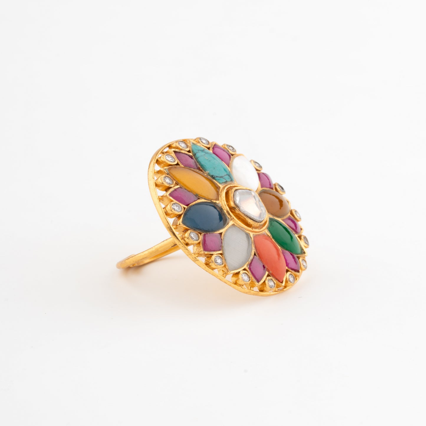 Vibrant Navratna-Inspired Ring in Gold Finish