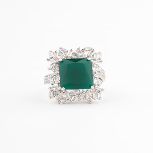 Royal Allure: Emerald Green Ring with Baguette-Cut American Diamonds