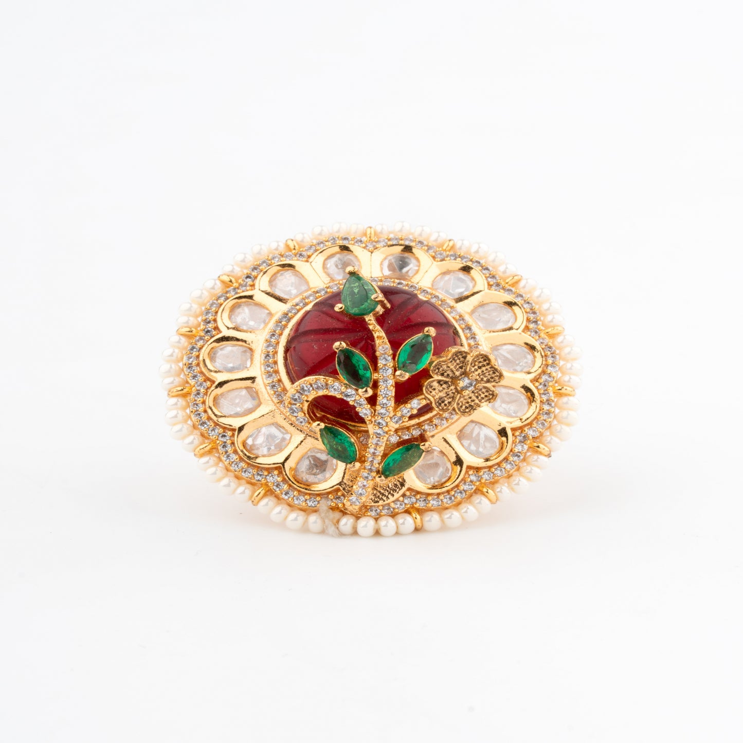 Exquisite Gold-Polished Statement Ring with Ruby Carving and Pearl Accents