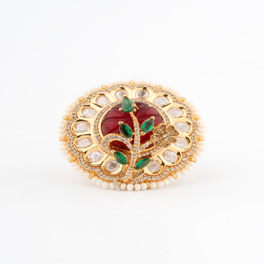 Exquisite Gold-Polished Statement Ring with Ruby Carving and Pearl Accents